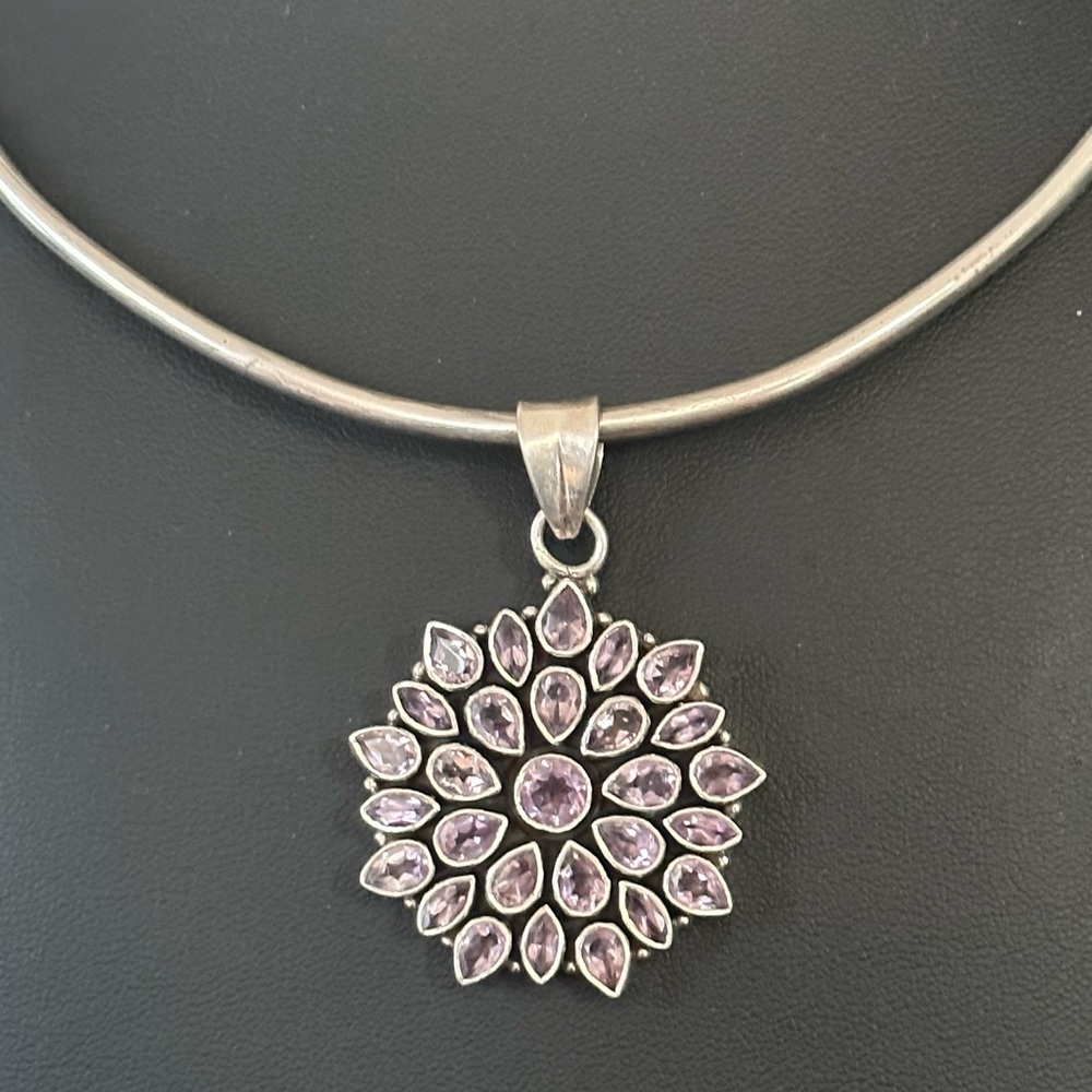 Amethyst Flower Statement 925 Sterling Silver Pen… - image 3